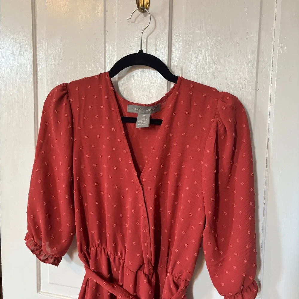 Women’s Midi Wrap Dress with Textured Dot Detail - Burgundy - Picture 3 of 4